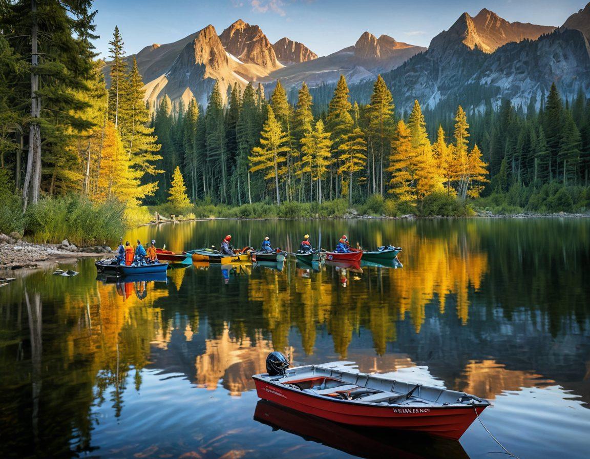 A serene lakeside scene featuring a diverse group of fishing enthusiasts, joyfully casting lines from colorful boats. Include essential safety gear like life jackets and fishing insurance brochures scattered around. In the background, depict beautiful mountains and a setting sun, symbolizing peace and safety. Add elements of nature like lush trees and gentle ripples in the water to create a tranquil vibe. super-realistic. vibrant colors. 3D.
