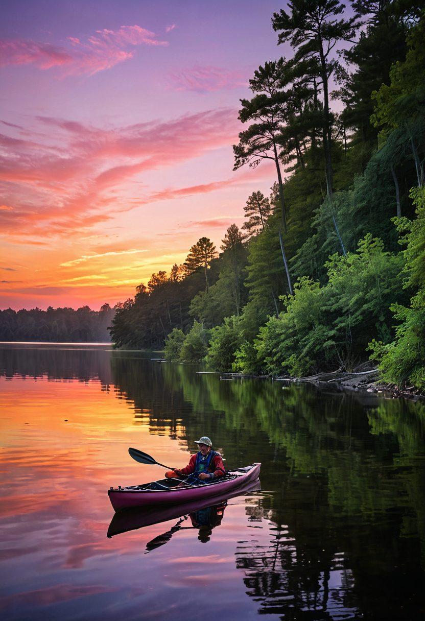 A serene lakeside scene showcasing a fisherman sitting peacefully in a kayak, surrounded by lush greenery and gentle ripples on the water. In the background, a picturesque sunset casts warm hues across the sky, creating a tranquil atmosphere. Incorporate tools and gear representing comprehensive coverage for fishing enthusiasts, such as a fishing rod and tackle box on the kayak. Emphasize harmony with nature and the joys of outdoor pursuits. vibrant colors. super-realistic.