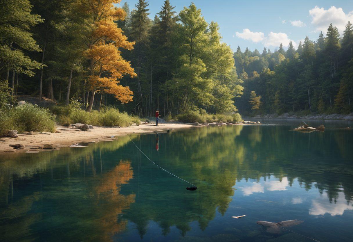 A tranquil lakeside scene with an angler casting a fishing line, surrounded by various insurance policy documents floating gracefully on the water's surface. In the background, a serene forest merges into a clear blue sky, symbolizing peace of mind. The atmosphere should be immersive and engaging, capturing both the beauty of fishing and the importance of insurance. super-realistic. vibrant colors. peaceful ambiance.